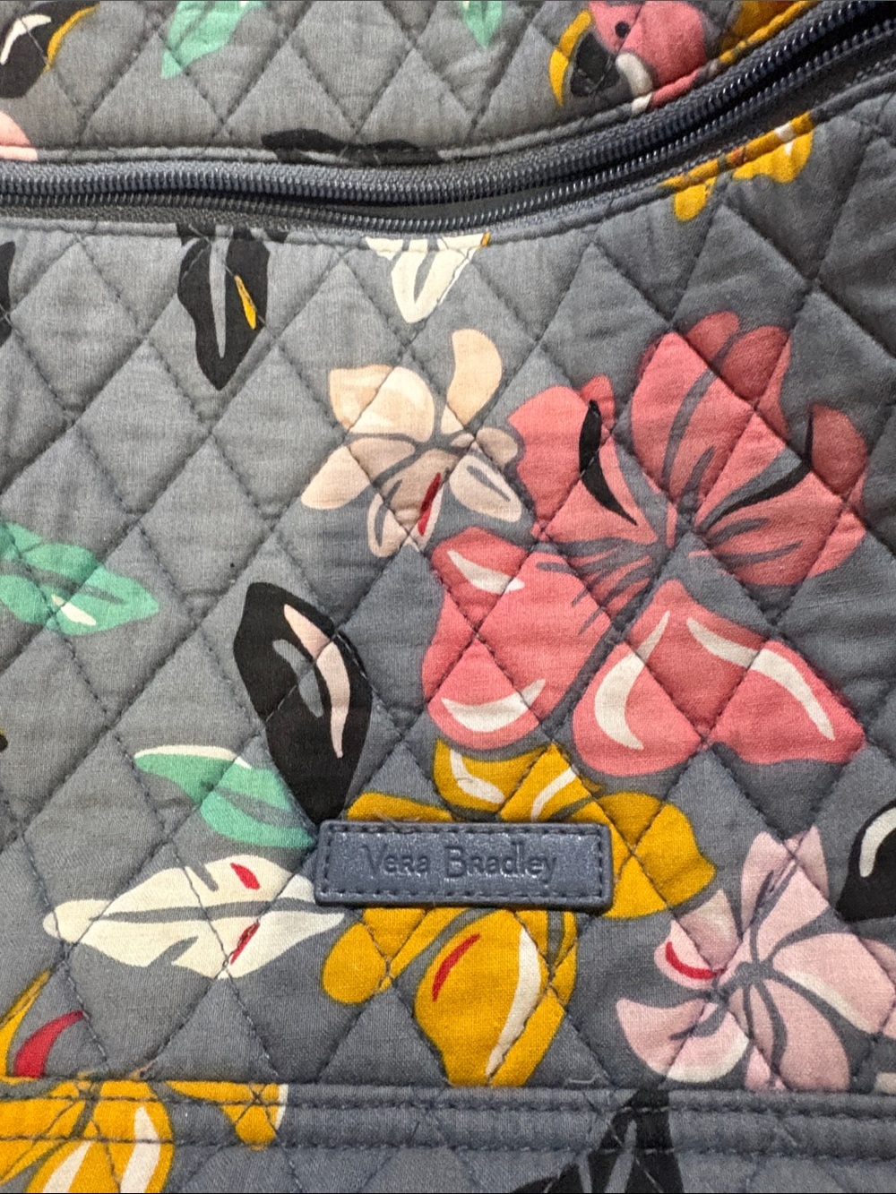 Vera Bradley Gray Quilted Floral Tote with Pink & Yellow Accents